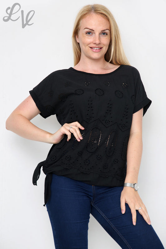 Ladies Anglaise Tie Side Top Black - Unit Price £10.99