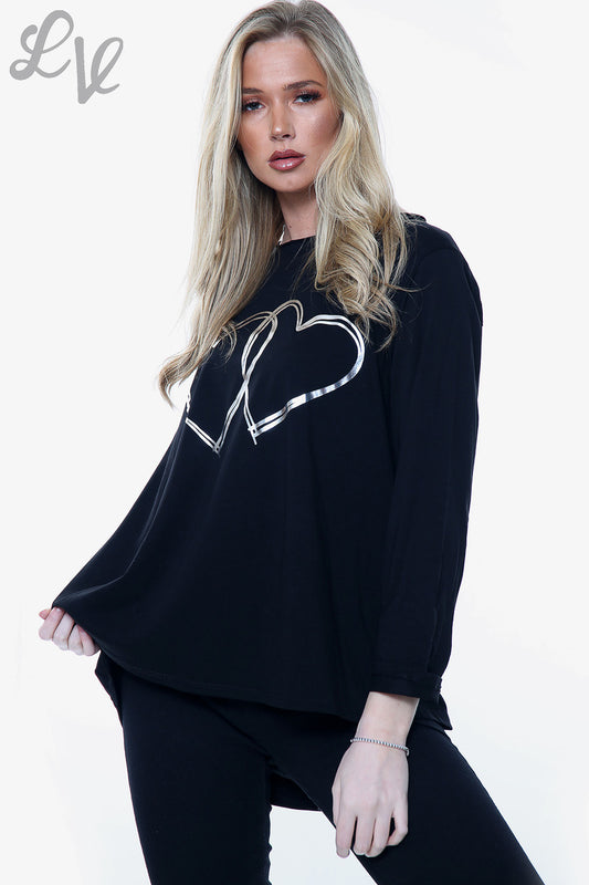 Ladies 2 Hearts Foil Graphic Top Black Unit Price £6.99