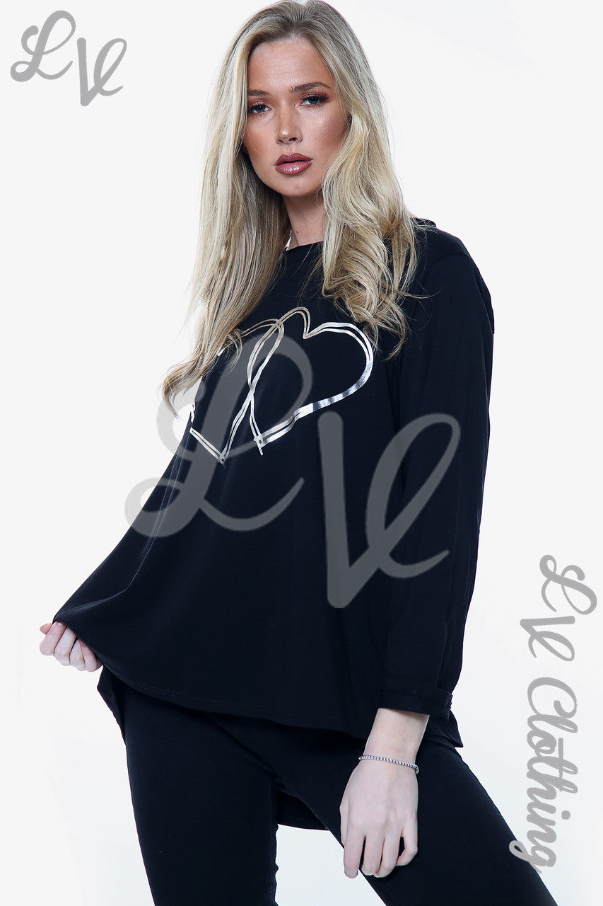Ladies 2 Hearts Foil Graphic Top Black Unit Price £6.99