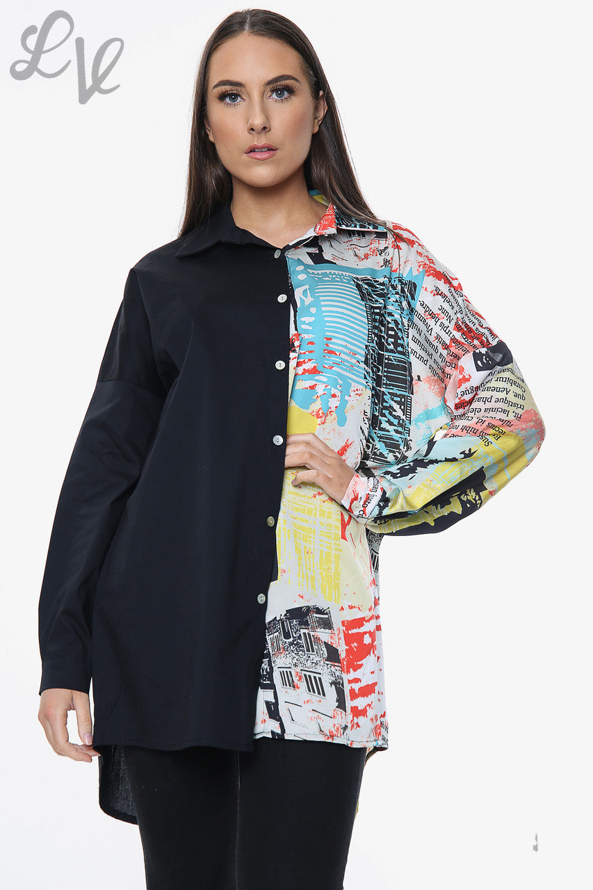 Ladies Contrast Printed Shirt Black Unit Price £16.99