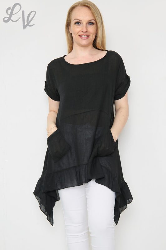 Ladies Floaty Frill Hemline Tunic Top Black Unit Price £9.99