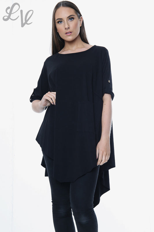 Ladies Plain Asymmetrical Top Black Unit Price £9.99