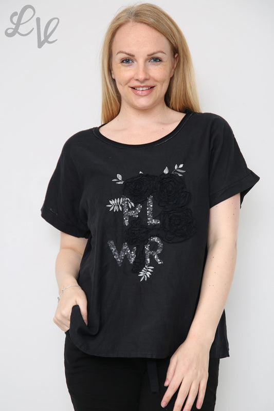 Ladies Flower Sequin & Applique Top Black Unit Price £8.99