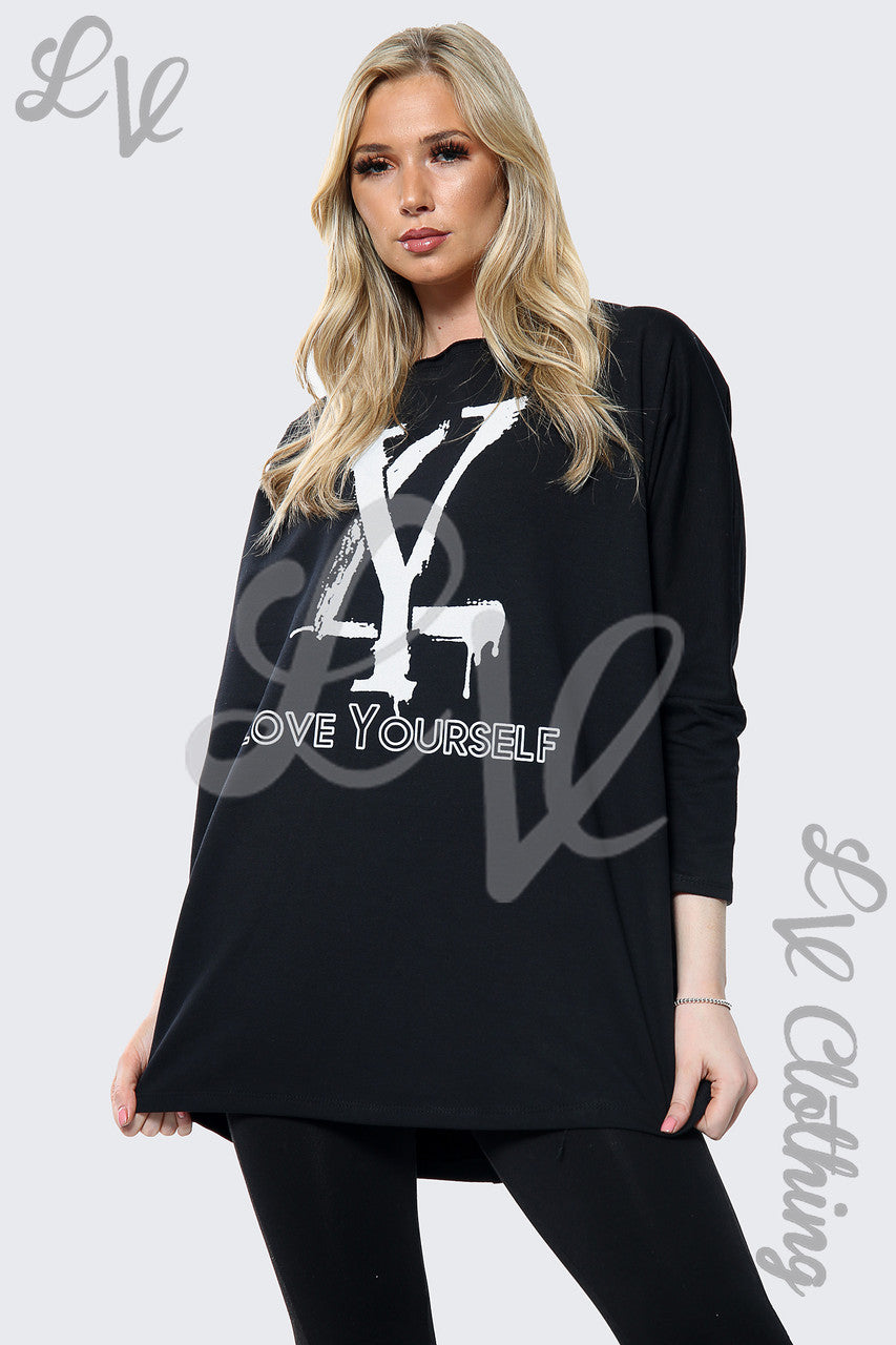 Dames "Love your Self" Slogan Sweatshirt Top Zwart Stukprijs € 15,99
