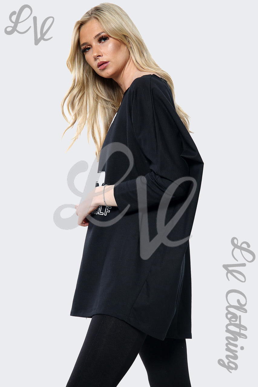 Dames "Love your Self" Slogan Sweatshirt Top Zwart Stukprijs € 15,99