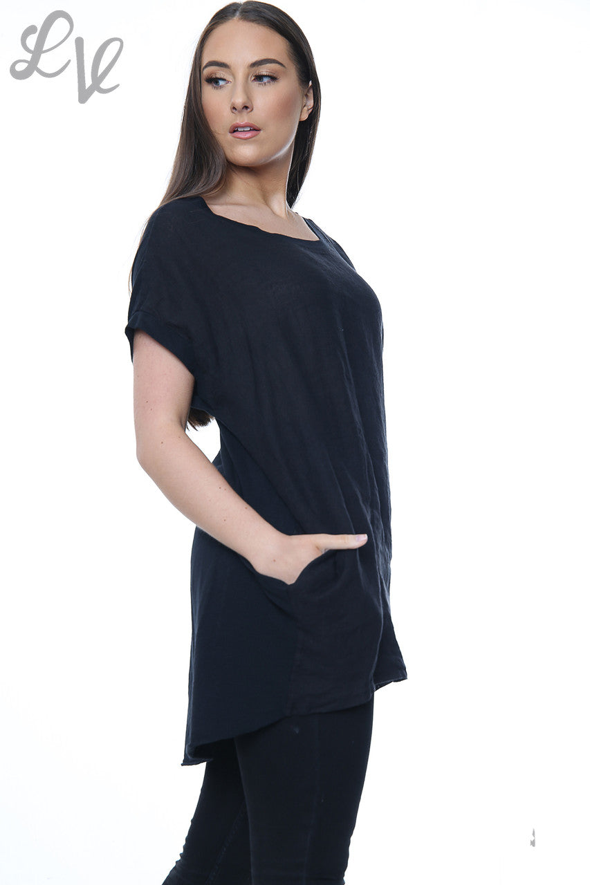 Dames linnen voorkant & katoenen achterkant effen top zwart eenheidsprijs €8,99