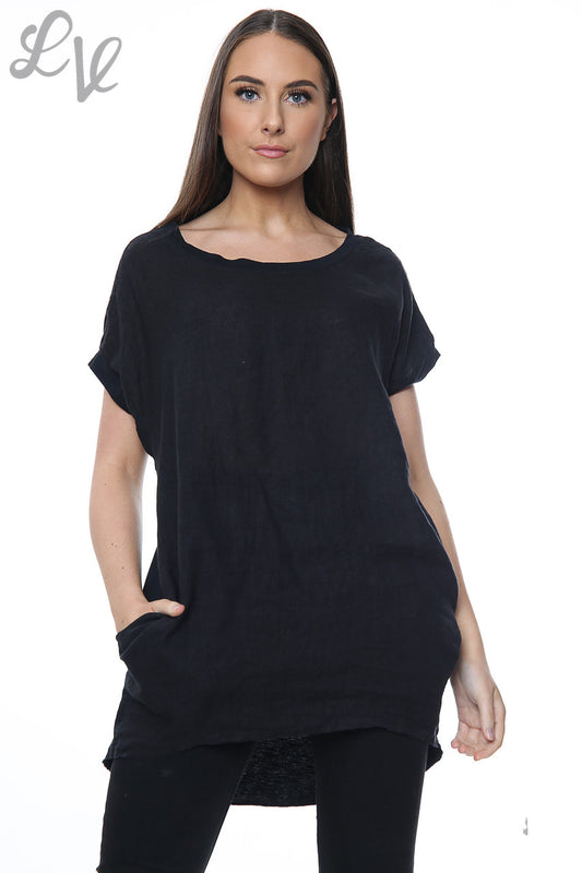 Ladies Linen Front & Cotton Back Plain Top Black Unit Price £8.99