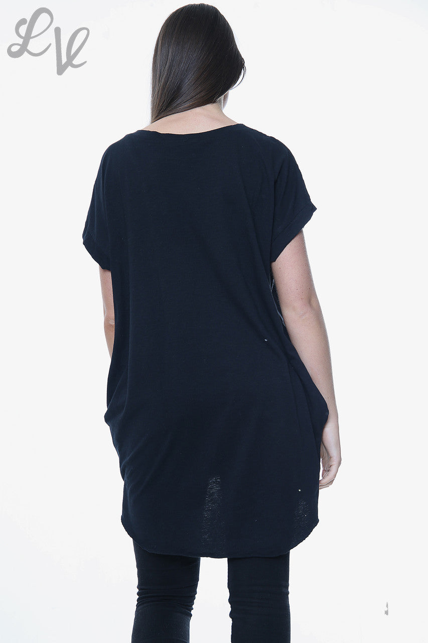 Ladies Linen Front & Cotton Back Foil Hearts Top Black Unit Price £9.99