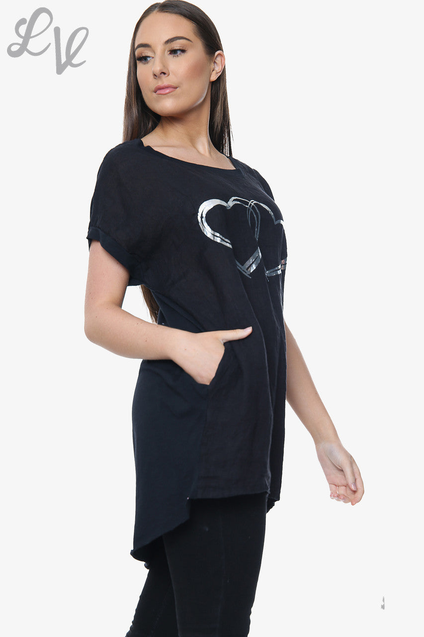Ladies Linen Front & Cotton Back Foil Hearts Top Black Unit Price £9.99