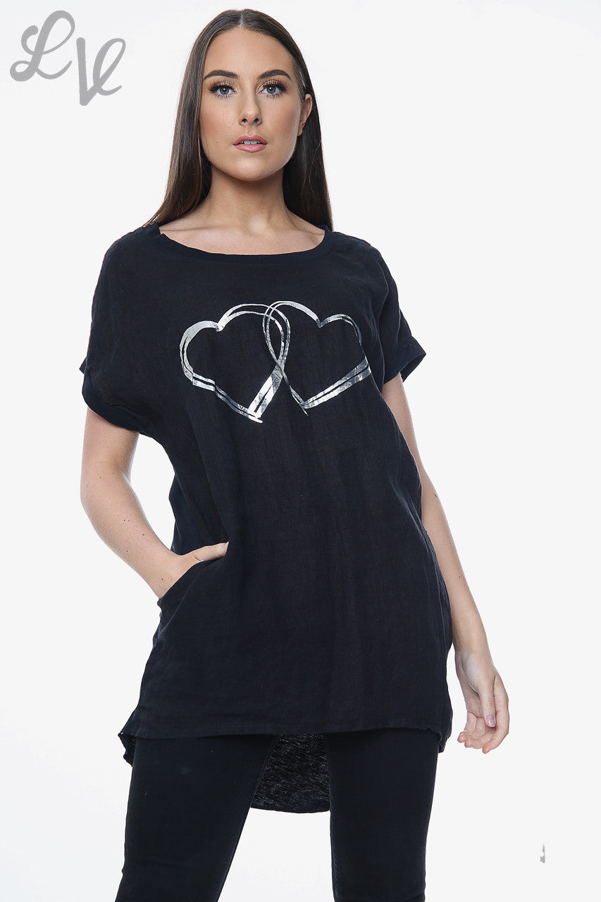 Ladies Linen Front & Cotton Back Foil Hearts Top Black Unit Price £9.99