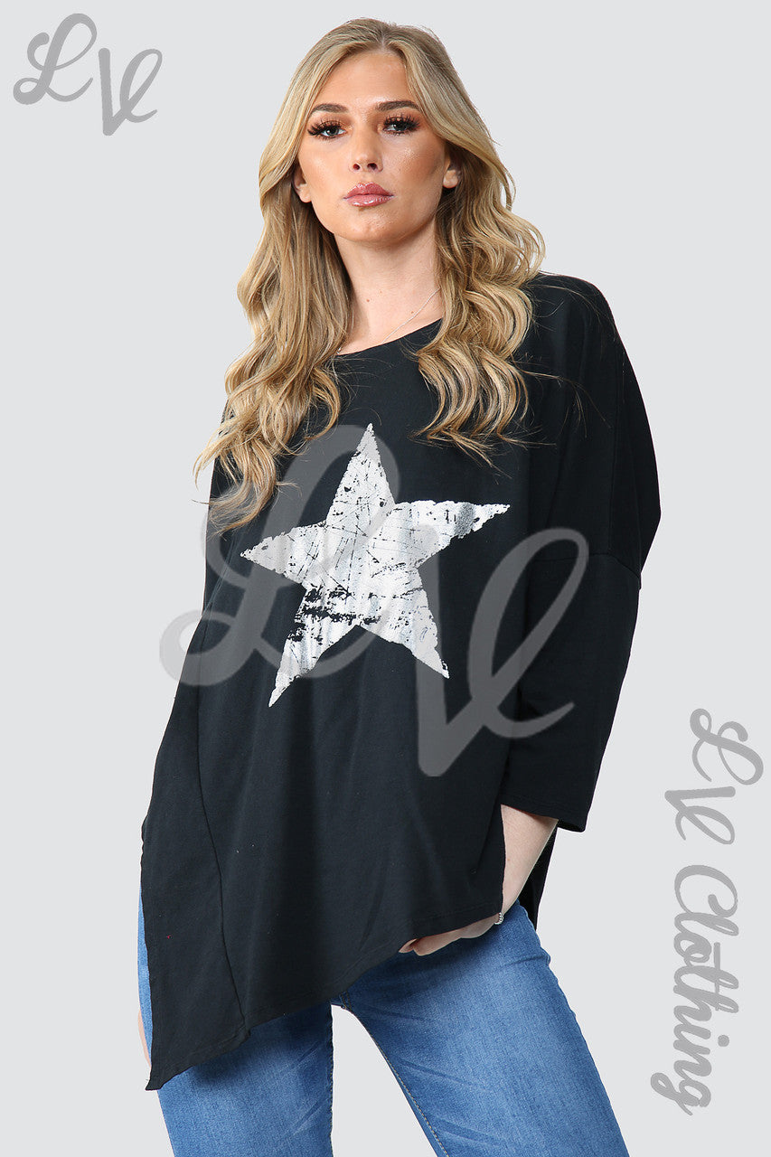 Dames Zilverfolie Ster Oversized Tuniek Top Zwart - Stukprijs WAS € 11,99 NU € 5,99