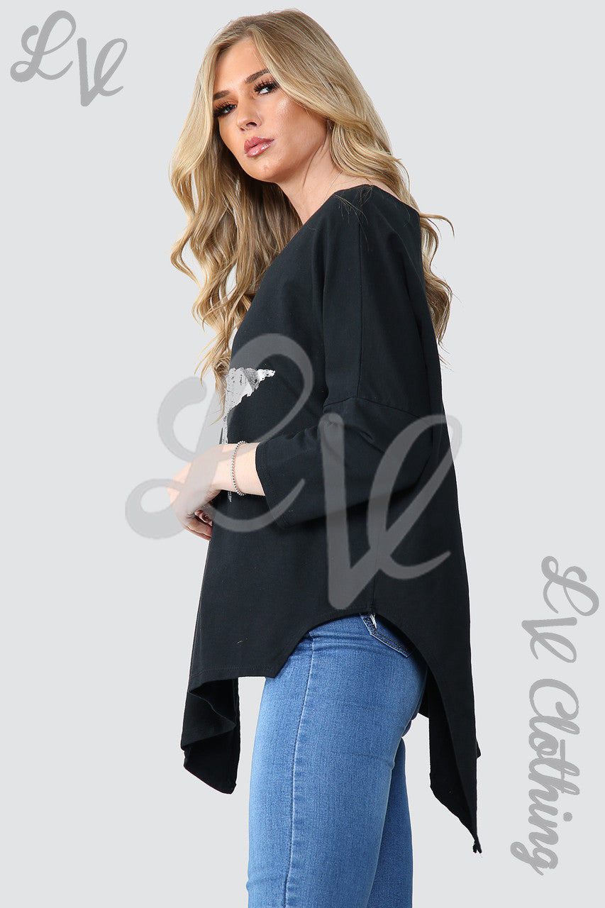 Dames Zilverfolie Ster Oversized Tuniek Top Zwart - Stukprijs WAS € 11,99 NU € 5,99