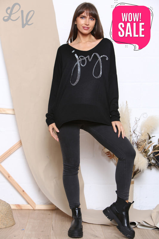 Dames Sequin Joy Script Fijne Gebreide Trui Zwart
