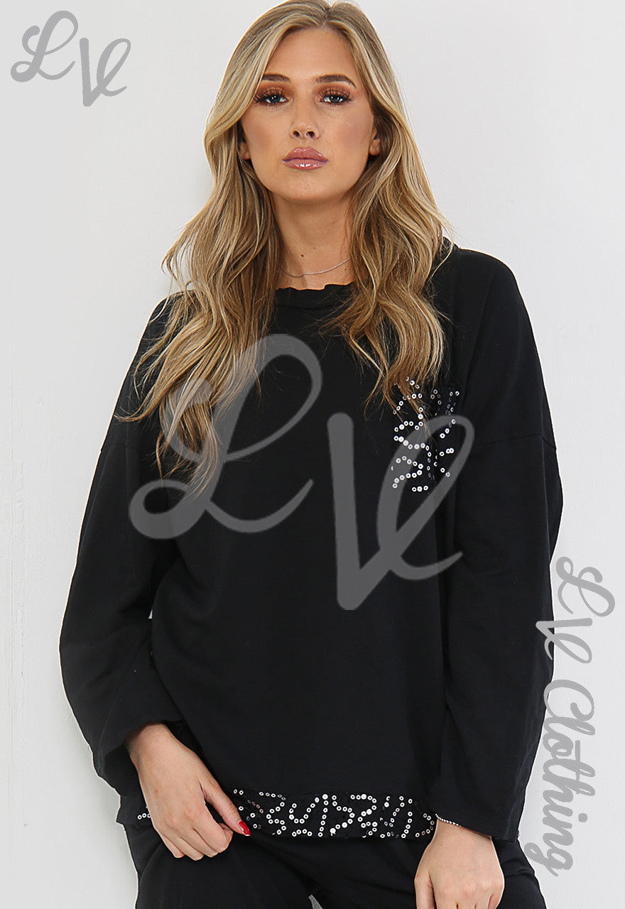 Dames sweatshirt met pailletten Zwart - Eenheidsprijs €10,99
