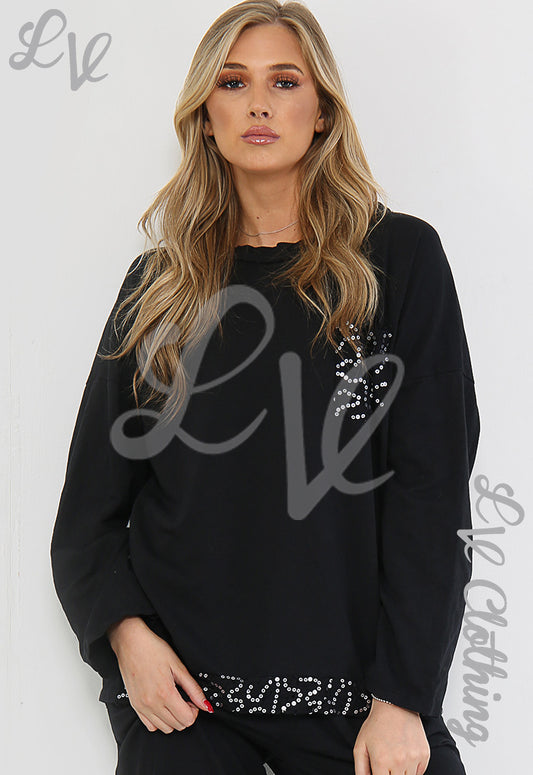 Black sequin-detail sweatshirt top with sparkling embellishment on front and cuffs