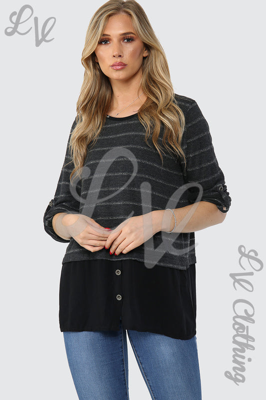 Lurex stripe top with button placket, black with silver-gray horizontal stripes