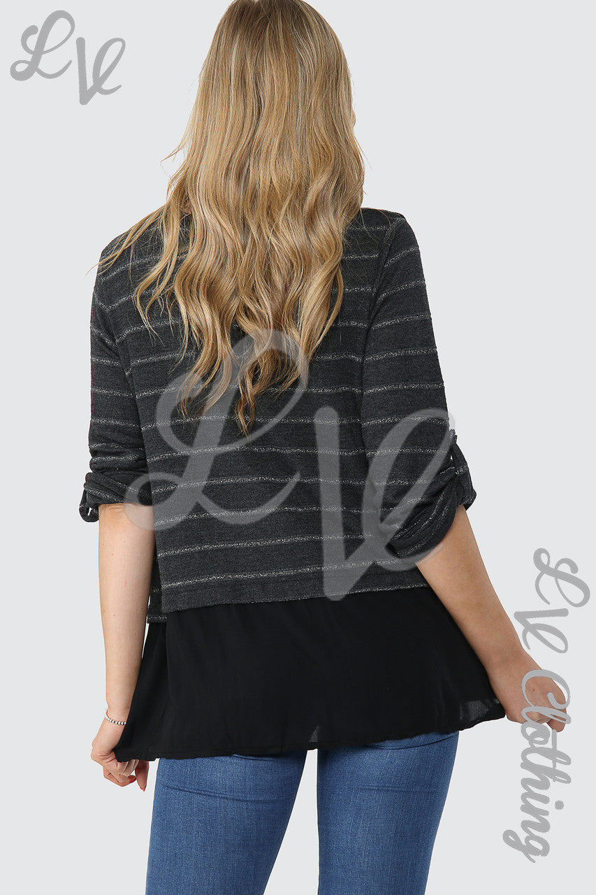 Ladies Lurex Stripe Top With Button Detail Black - Unit Price £12.99