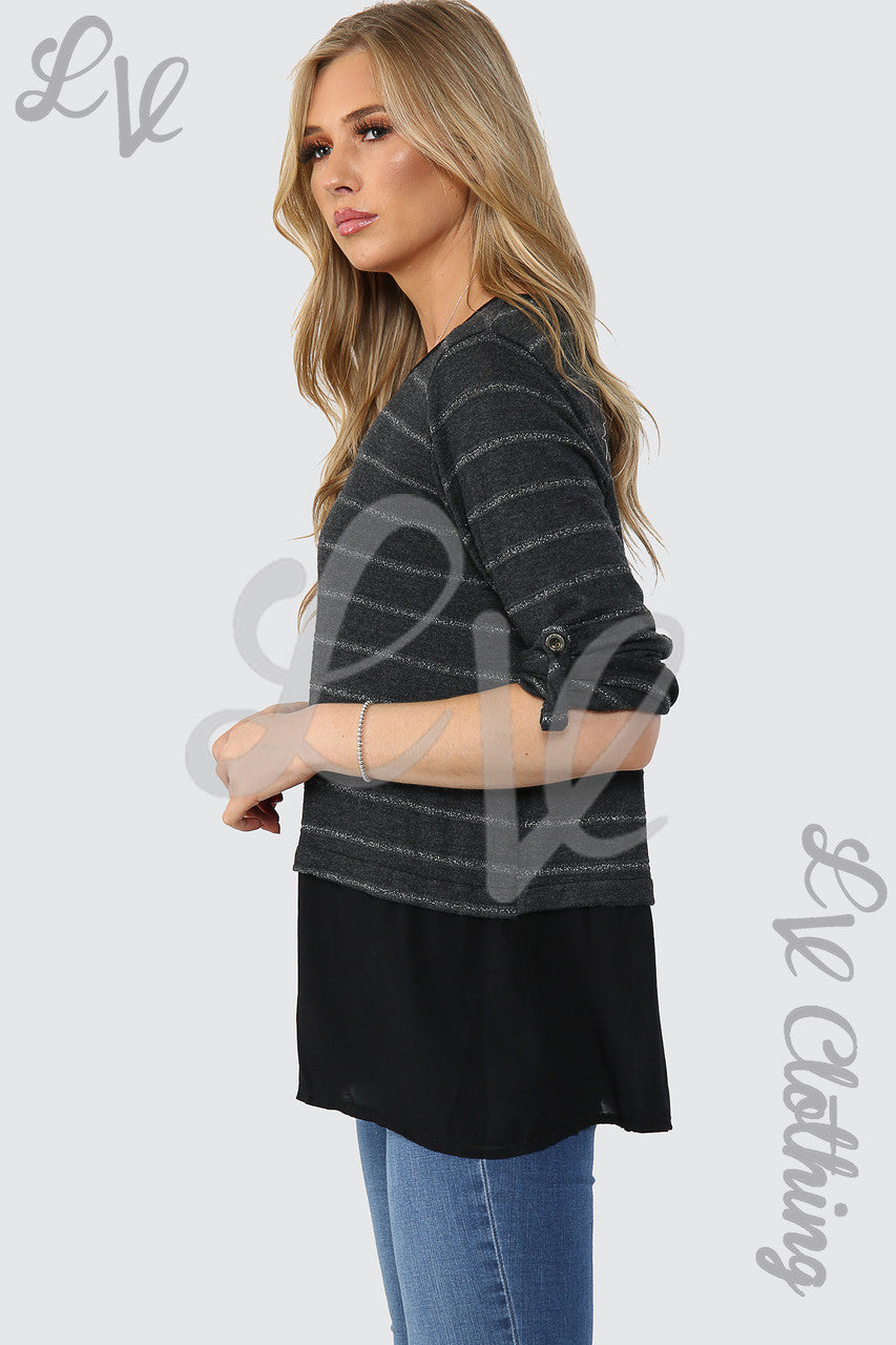 Ladies Lurex Stripe Top With Button Detail Black - Unit Price £12.99