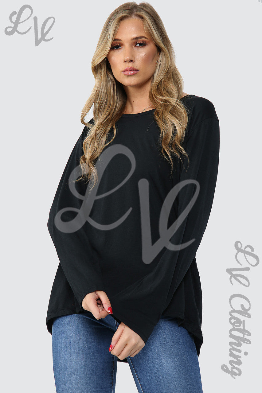 Dames Effen Top met Knoopsluiting achter Oversized Zwart - Stukprijs WAS €9,99 NU €4,99