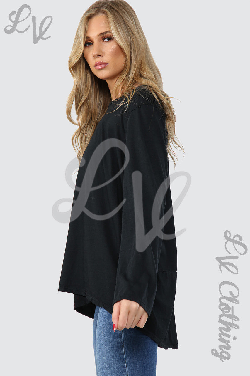 Dames Effen Top met Knoopsluiting achter Oversized Zwart - Stukprijs WAS €9,99 NU €4,99