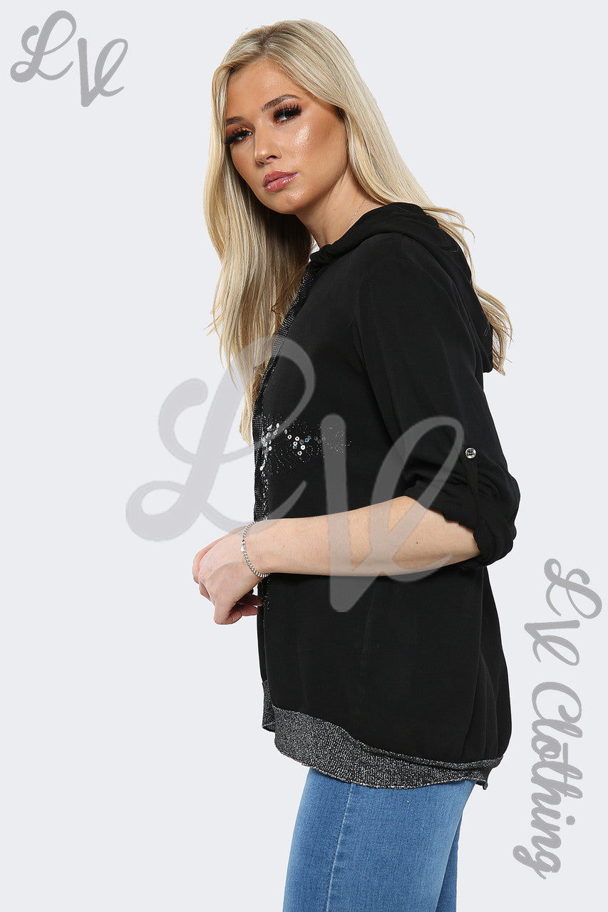 Ladies Sequin Star Hooded Sweatshirt Top Black - Unit Price £15.99