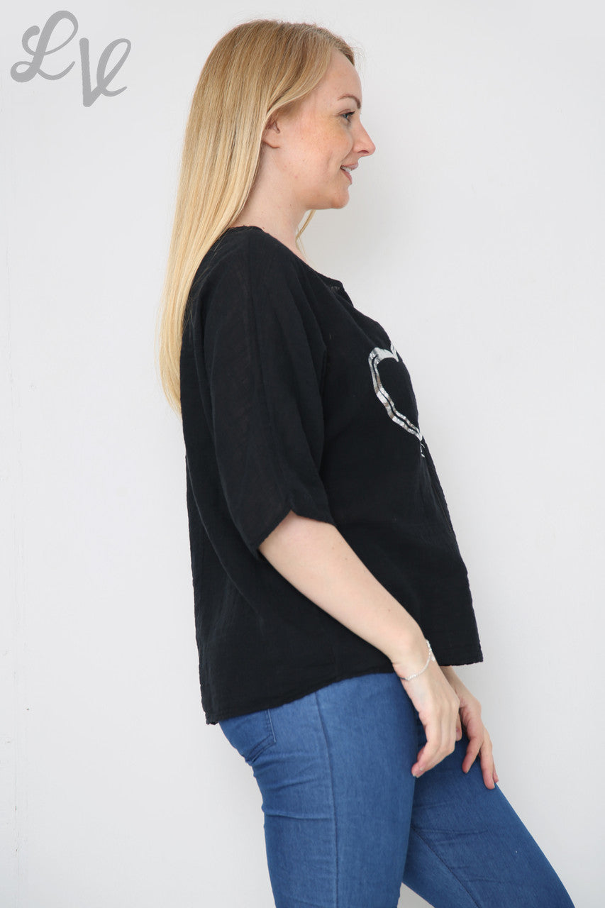 Ladies Double Foil Heart Top Black Unit Price £7.99