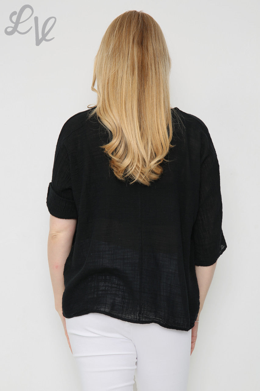Dames Top Met Folie Blad Ontwerp Zwart