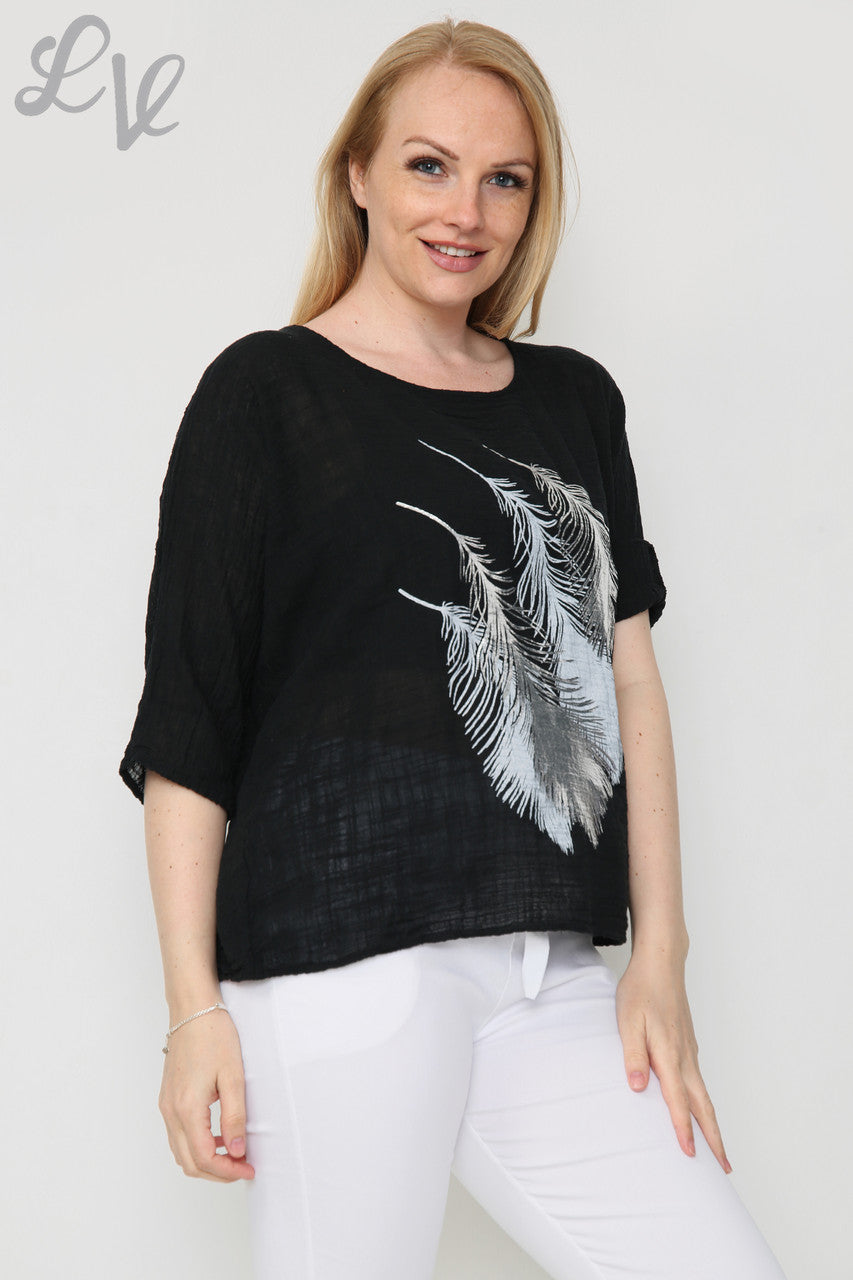 Dames Top Met Folie Blad Ontwerp Zwart