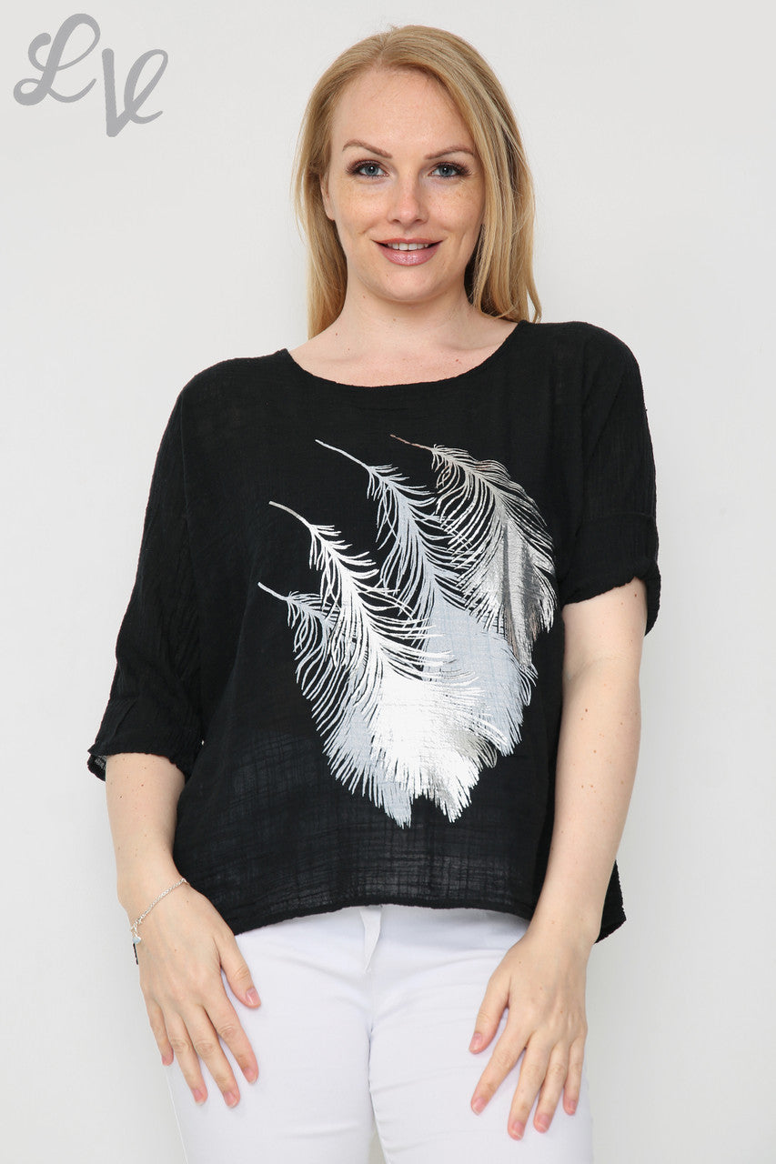 Dames Top Met Folie Blad Ontwerp Zwart