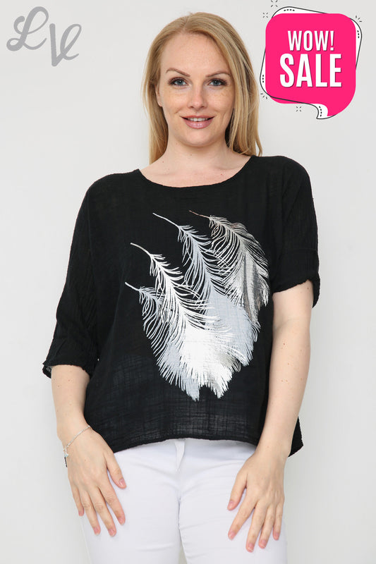 Ladies Foil Leaf Design Top Black