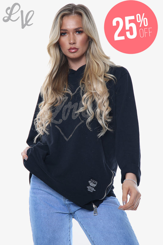 Ladies Dimante Love Heart Hooded Top Black Unit Price WAS £15.99 NOW £12