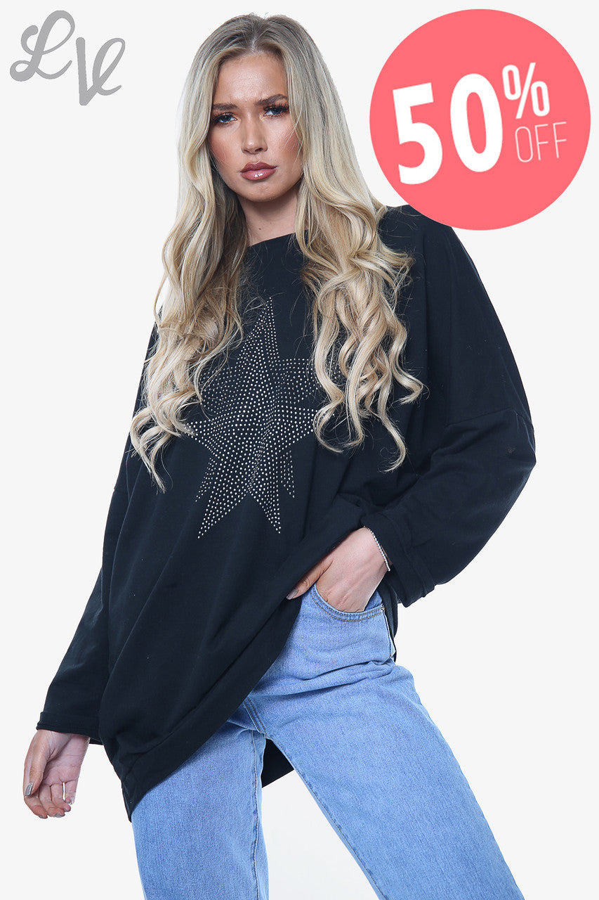 Dames Dimante Stars Sweatshirt Top Zwart Prijs WAS € 13,99 NU € 6,99
