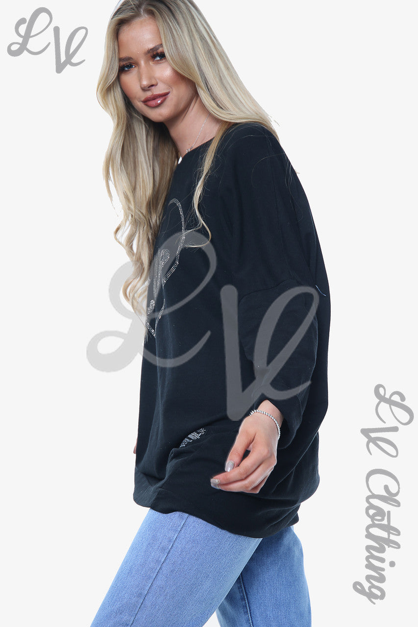 Dames Diamanten Liefdeshart Sweatshirt Top Zwart Prijs WAS €13,99 NU €6,99