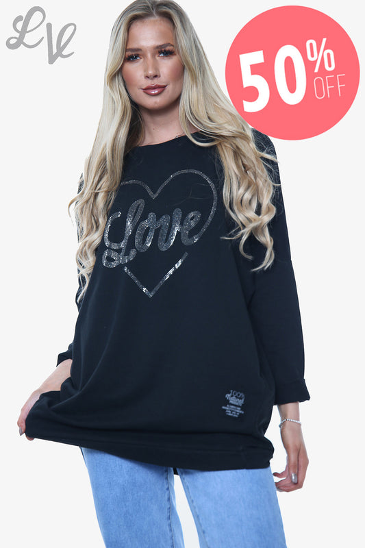 Ladies Dimante Love Heart Sweatshirt Top Black Unit Price WAS £13.99 NOW £6.99