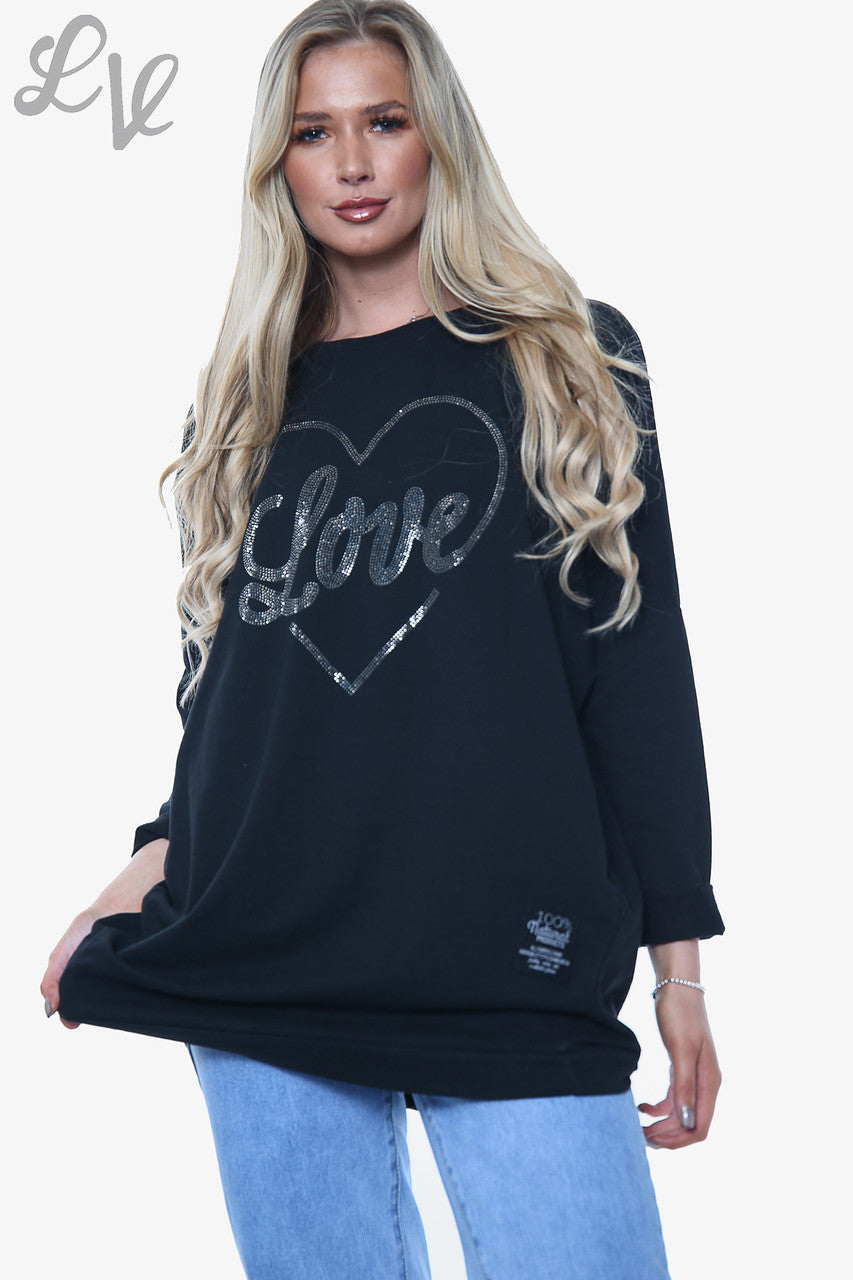 Dames Diamanten Liefdeshart Sweatshirt Top Zwart Prijs WAS €13,99 NU €6,99