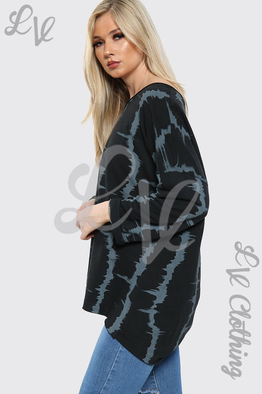 Long-sleeve tie-dye sweatshirt top, dark base with gray-blue swirls, crew neckline