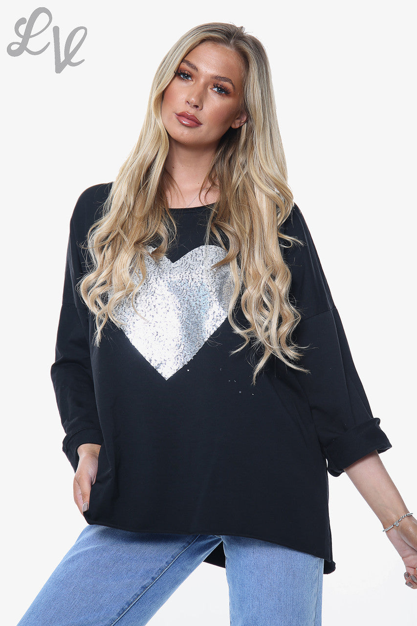 Ladies Sequin Shimmer Heart Top Black Unit Price £11.99