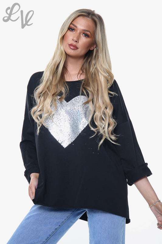 Ladies Sequin Shimmer Heart Top Black Unit Price £11.99