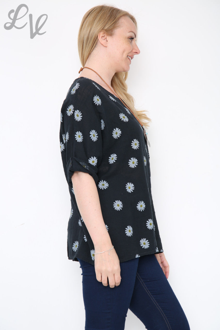 Dames Top Met Madeliefjesprint En Halsketting Zwart Stukprijs €8,99