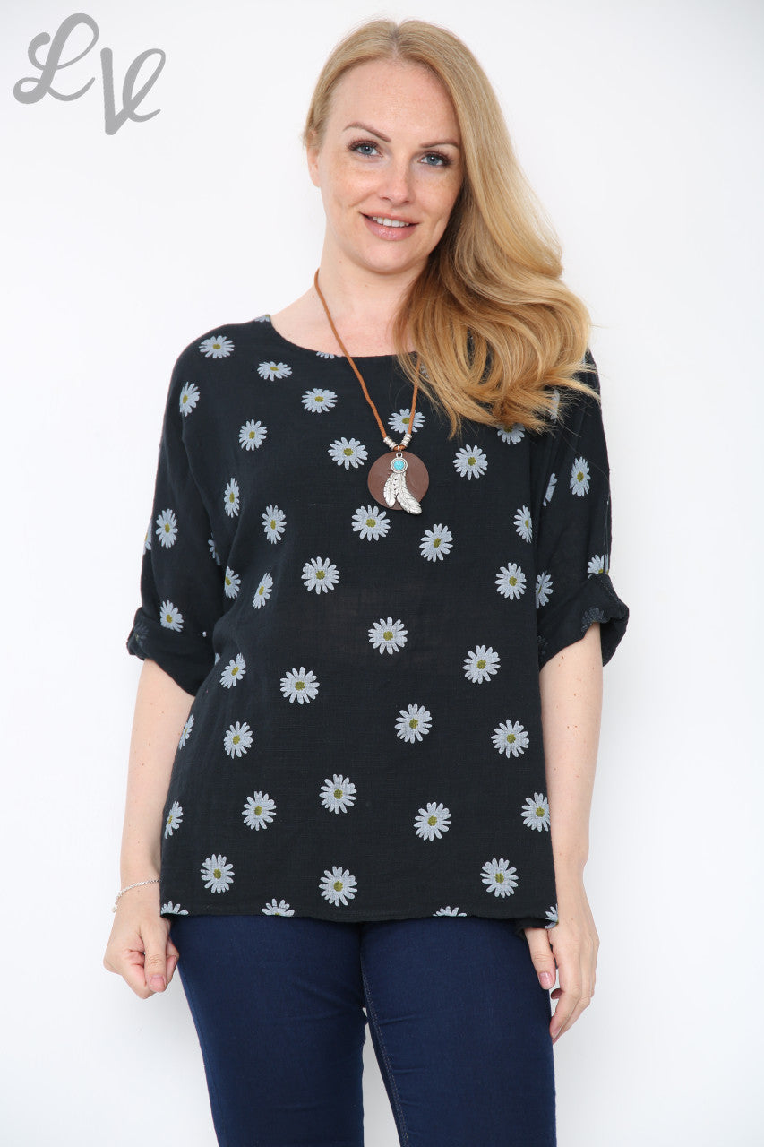Dames Top Met Madeliefjesprint En Halsketting Zwart Stukprijs €8,99