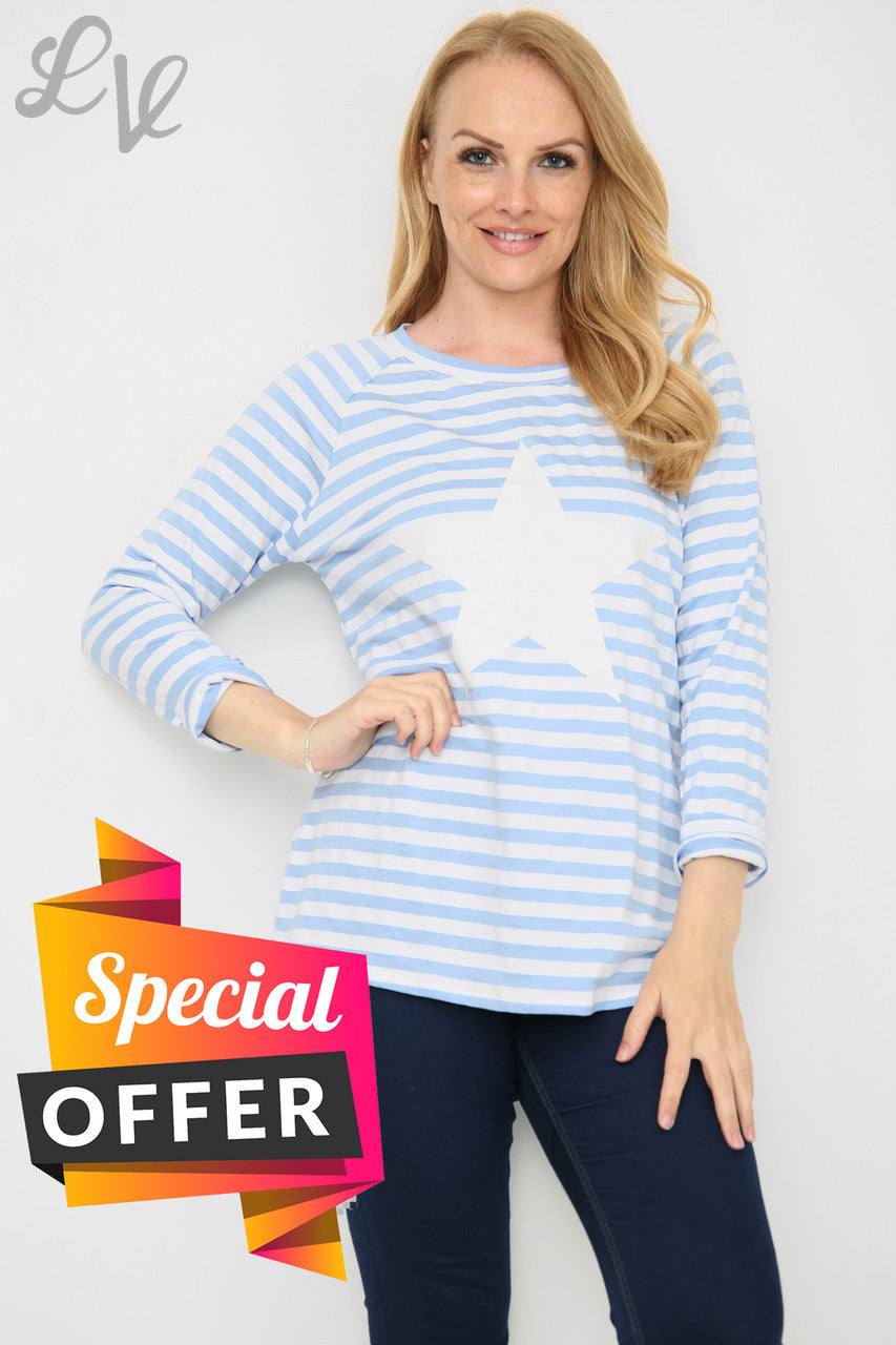 Dames Top met Sterrenstrepen Lichtblauw Stuksprijs WAS £9,99 NU £5