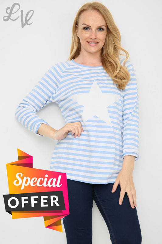 Ladies Star Striped Top Light Blue Unit Price WAS £9.99 NOW £5