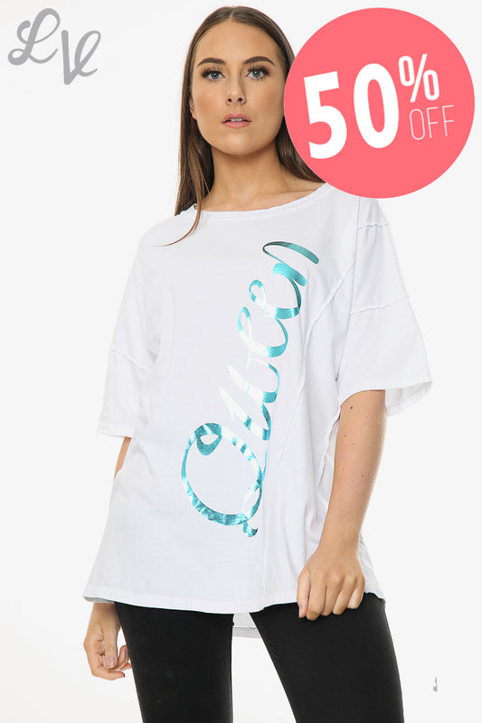 Ladies Foil Queen Script Top Blue Unit Price WAS £9.99 NOW £4.99