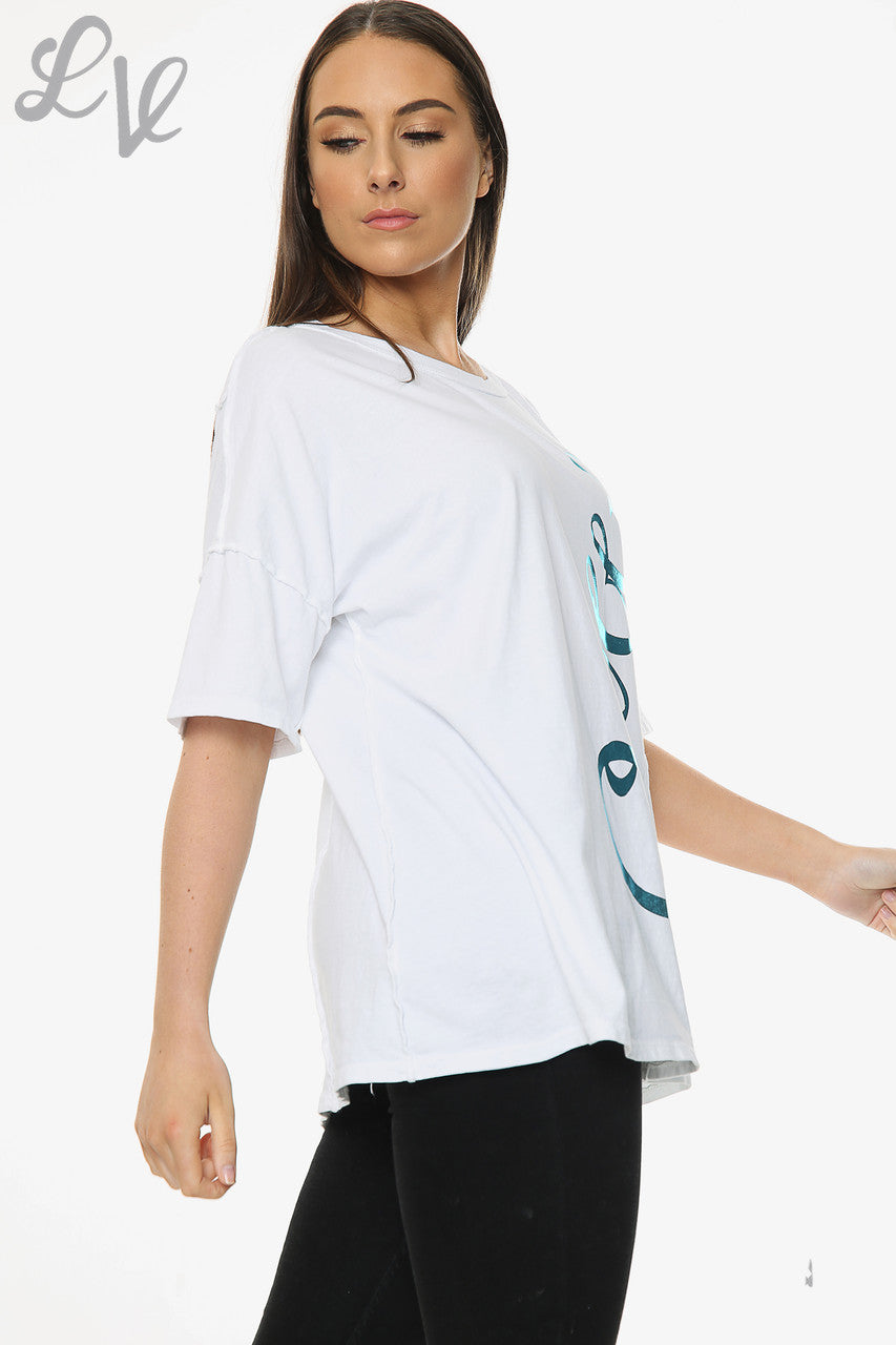 Dames Folie Queen Script Top Blauw Prijs WAS €9,99 NU €4,99