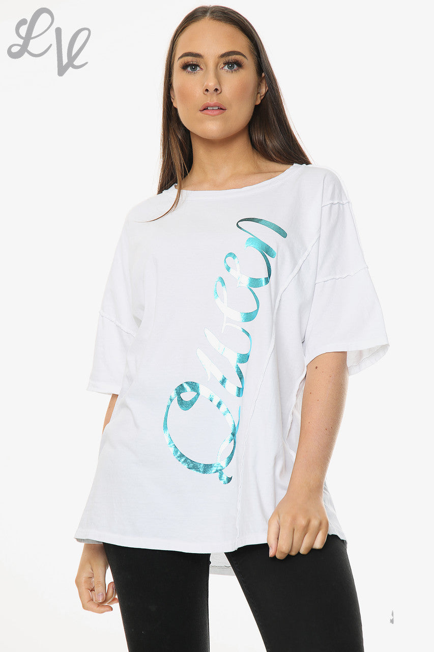 Dames Folie Queen Script Top Blauw Prijs WAS €9,99 NU €4,99
