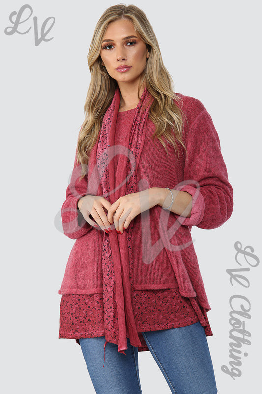 Floral print under-layer jumper with scarf, burgundy long-sleeve tunic