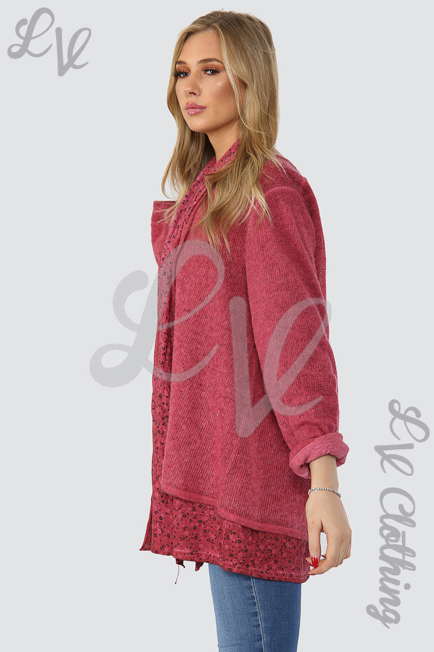 Ladies Floral Print Under-layer Jumper With Scarf Burgundy - Unit Price £14.99