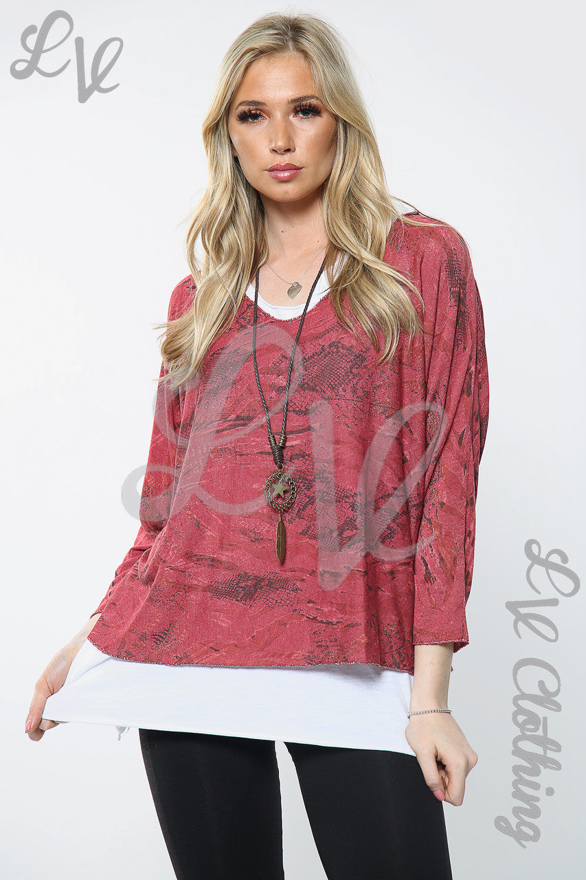 Dames 2-laags bedrukte kettingtop Bourgondië Stuksprijs £11,99
