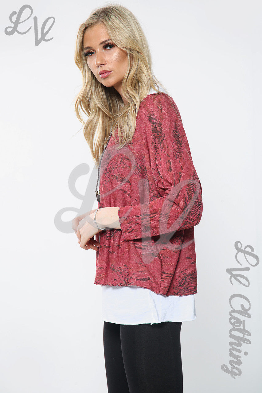 Dames 2-laags bedrukte kettingtop Bourgondië Stuksprijs £11,99