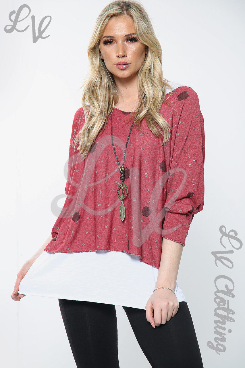 Ladies Twin Layer Spot Print Top With Necklace Burgundy Unit Price £11.99